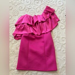 ASOS Design Barbie Hot Pink Off-Shoulder Ruffle Dress asymmetrical 6 cocktail